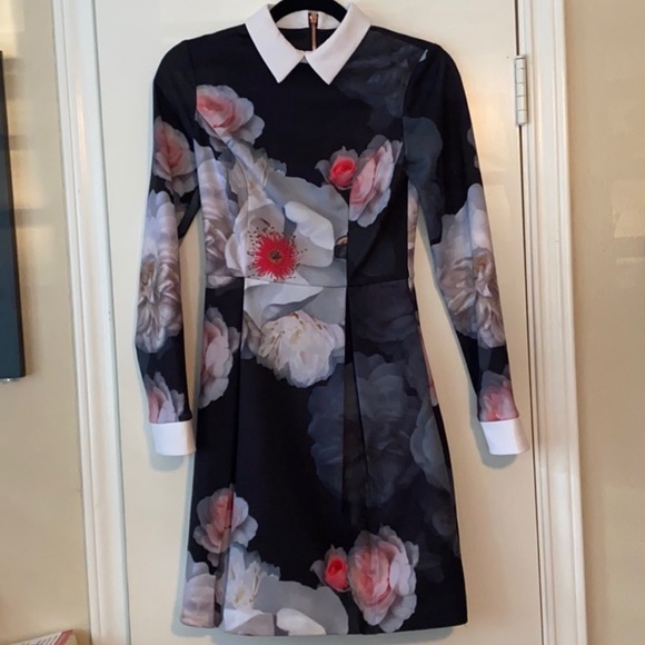 Ted baker size 0 dress long sleeve floral collared - Picture 3 of 5